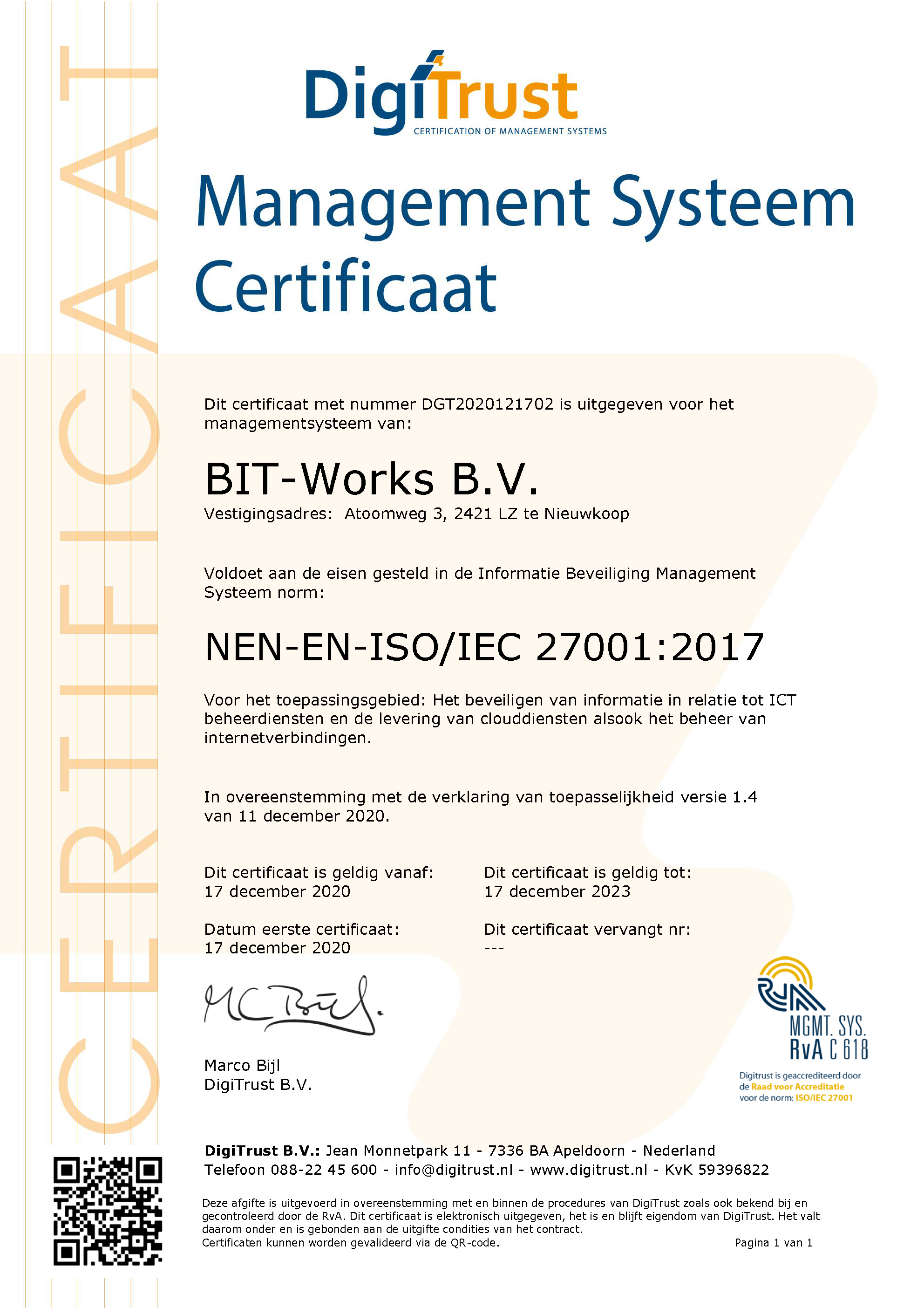 DigiTrust Certificaat ISO 27001 BIT-Works ISO-Certificaat_BIT-Works